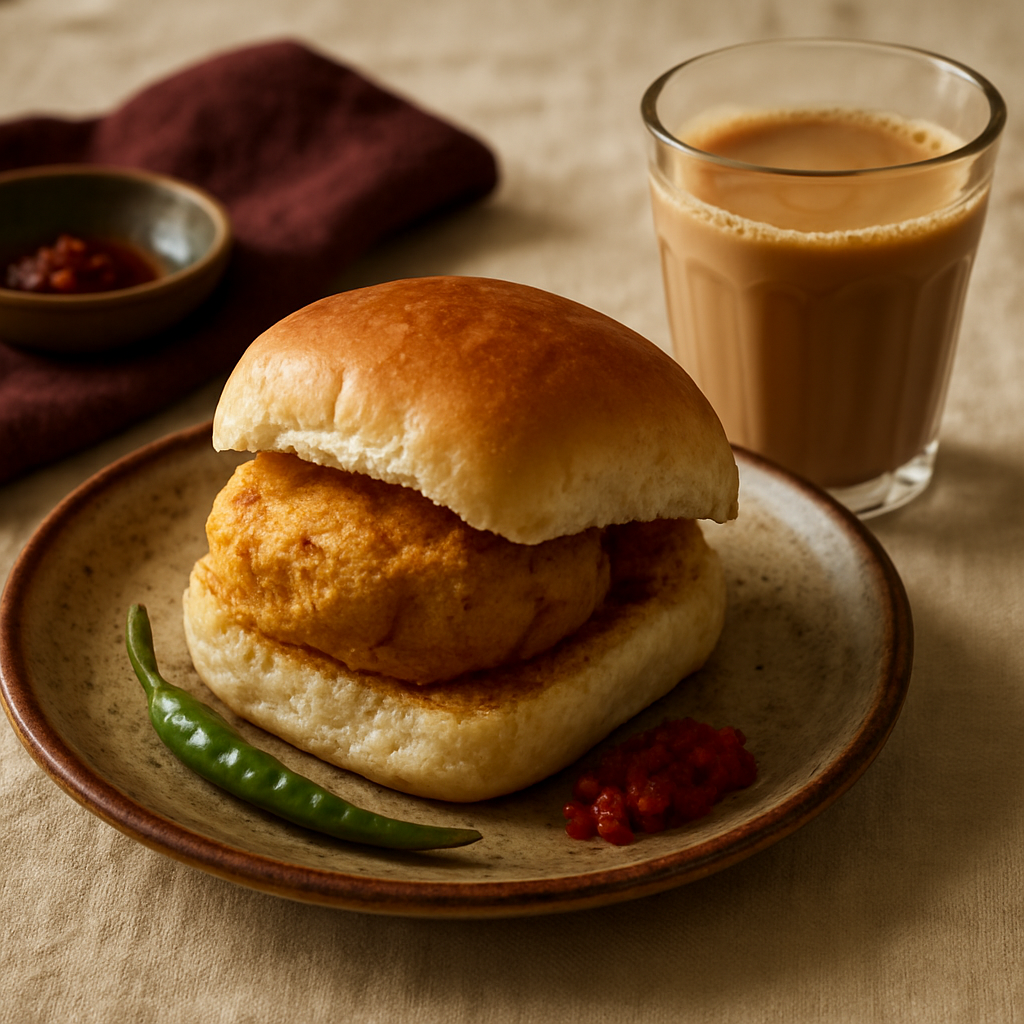 A freshly made vada pav served beside a glass of cutting chai