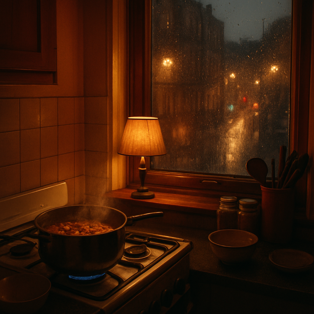 A pot of curry simmering in a warm student kitchen on a rainy Glasgow night